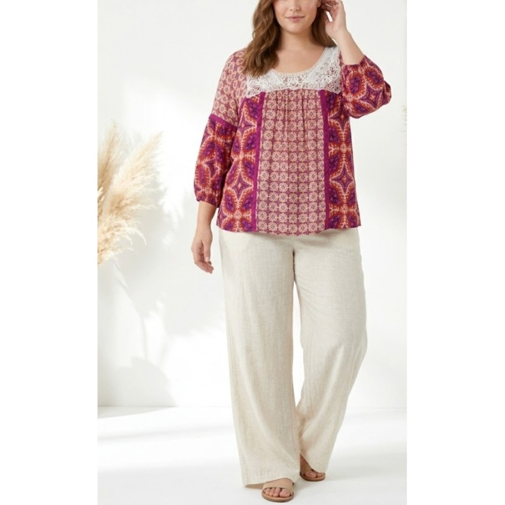Bila Peasant Blouse XL Multi Color Medallion Print Crochet Lace Boho Festival